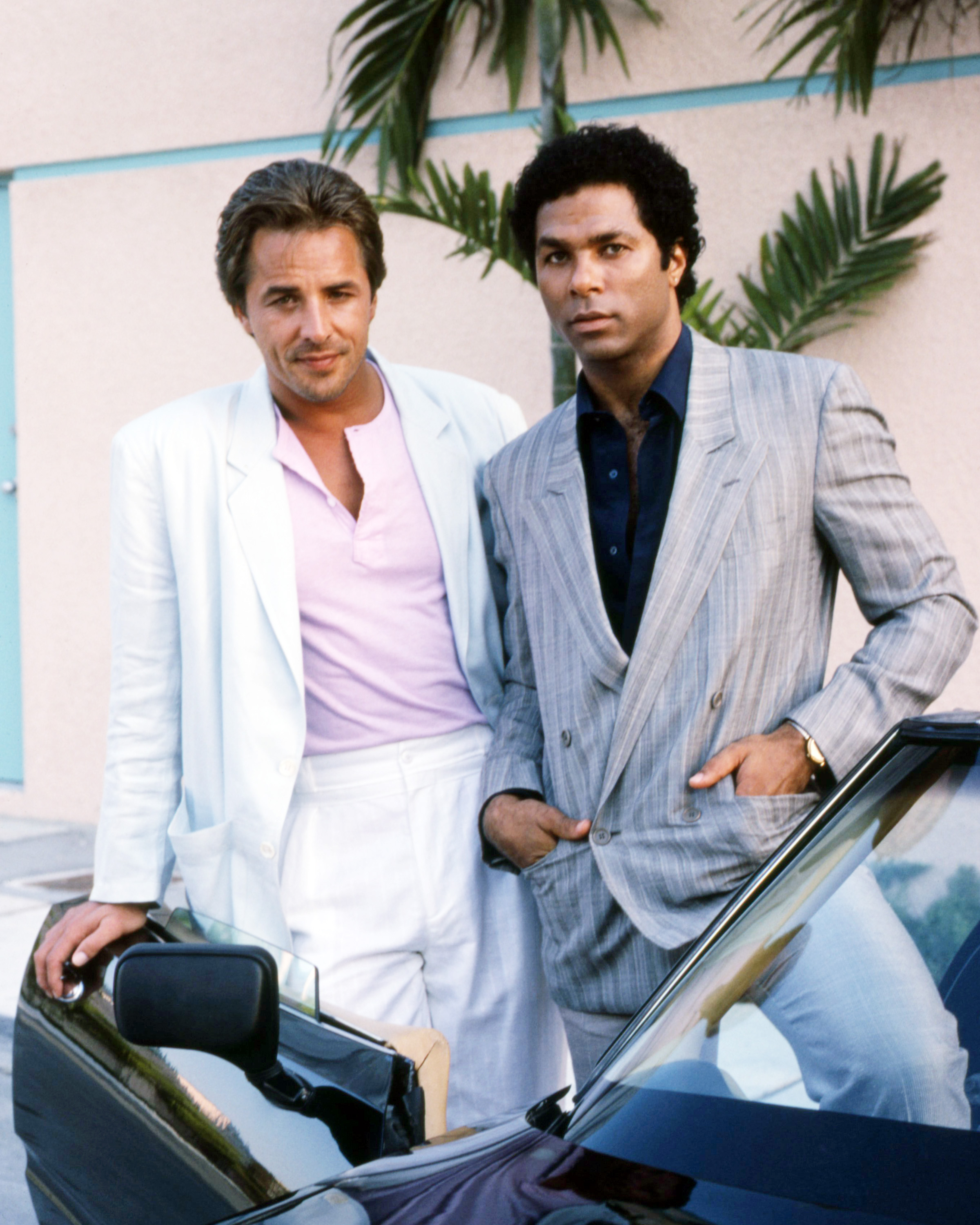 Don Johnson and Philip Michael Thomas on the set of "Miami Vice," 1985  | Source: Getty Images