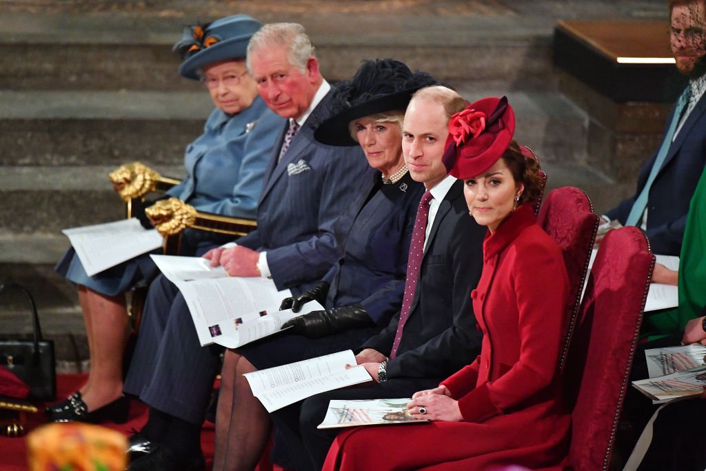 Queen Elizabeth II, Prince Charles, Camilla, Duchess of Cornwall, Prince William and Kate Middleton seated at Westminster Abbey, London, England, 2020. | Photo: Getty Images