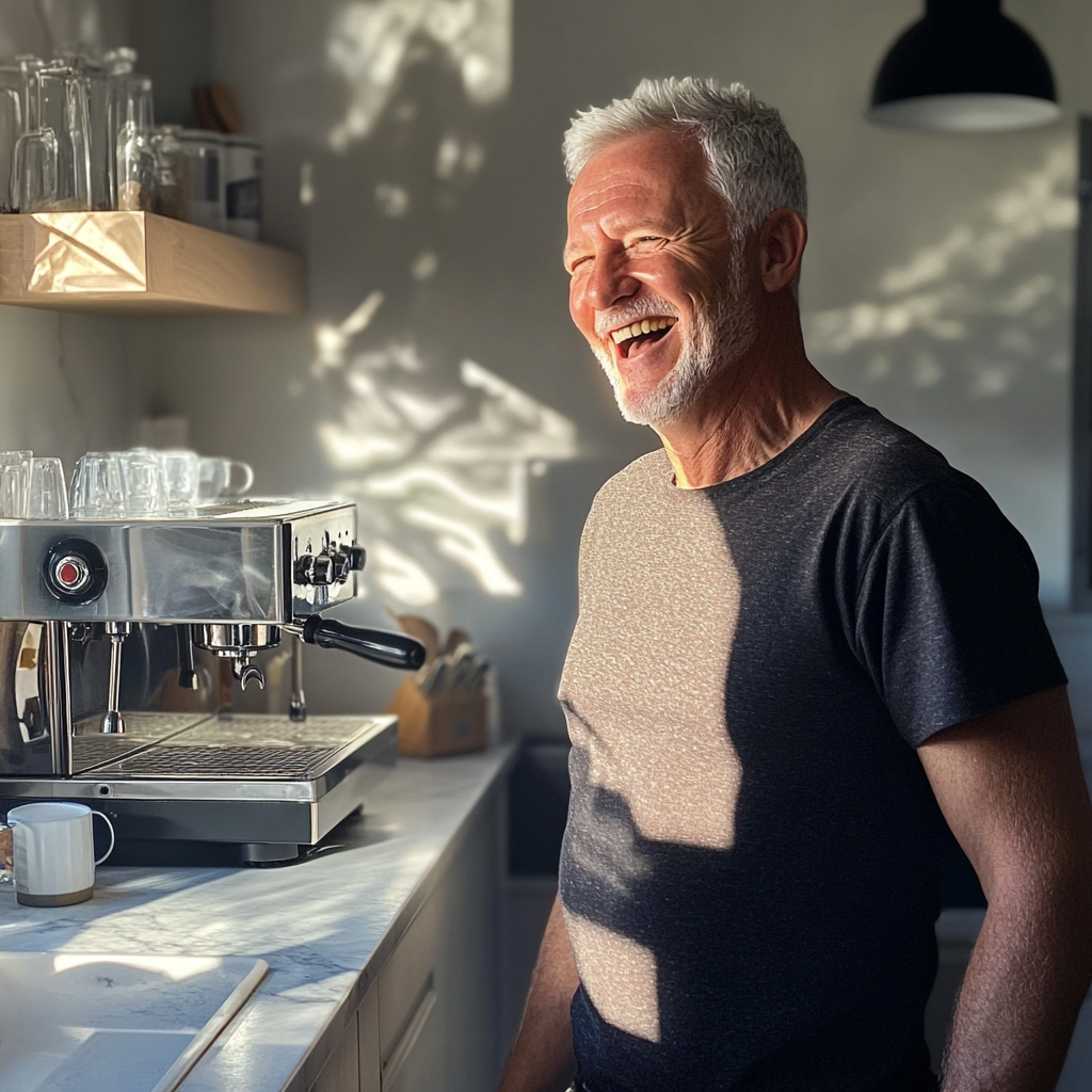 A man laughing in a kitchen | Source: Midjourney