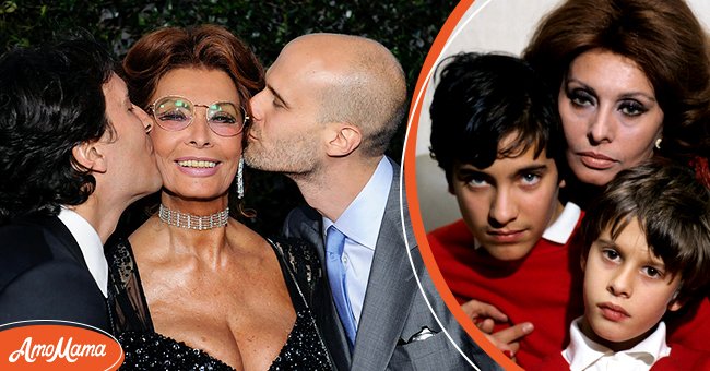 Left: Carlo Ponti (L) and director Edoardo Ponti (R) kiss actress Sophia Loren at AMPAS Tribute To Sophia Loren at AMPAS Samuel Goldwyn Theater on May 4, 2011 in Beverly Hills, California. Right: Sophia Loren and her children in 1983  | Source: Getty Images