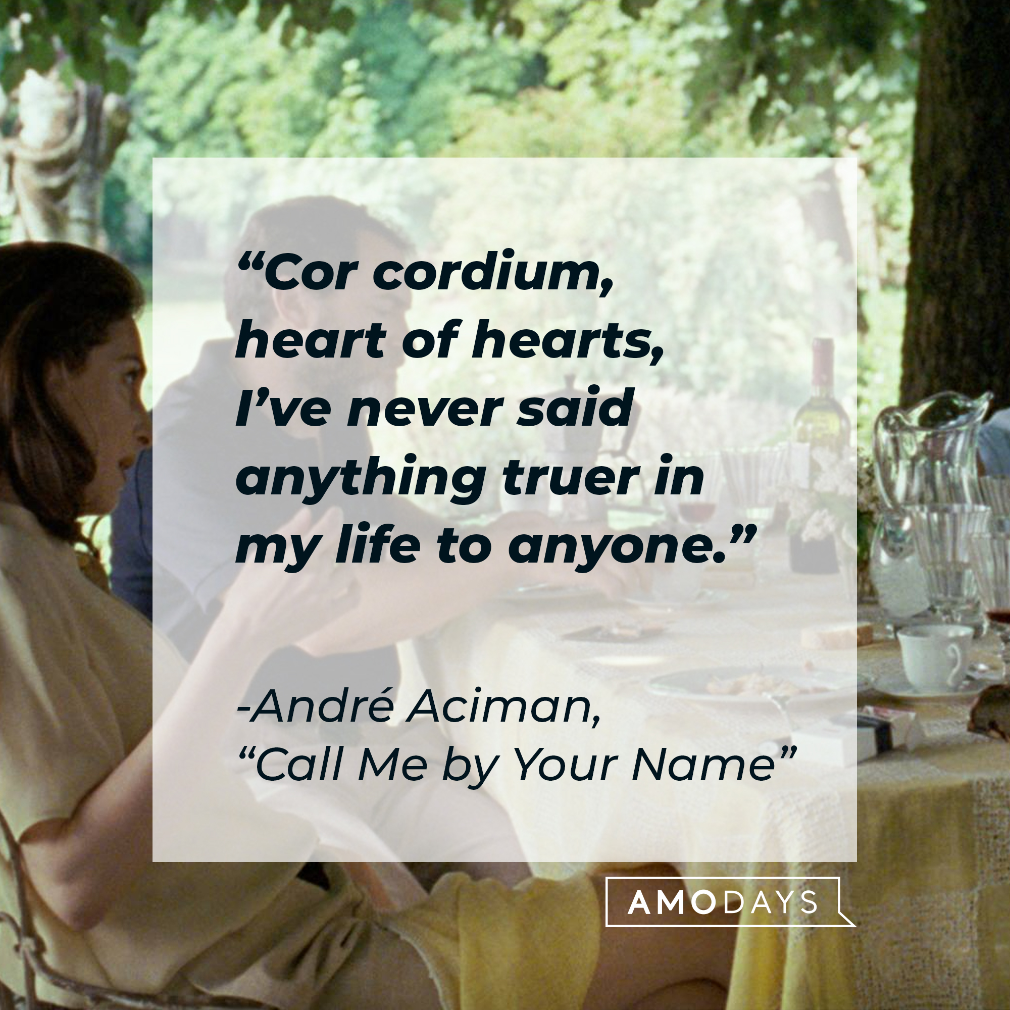Characters from the film “Call Me By Your Name,” with a quote by the author, André Aciman, from the book it’s based on: "Cor cordium, heart of hearts, I’ve never said anything truer in my life to anyone." | Source: Facebook.com/CallMeByYourNameFilm