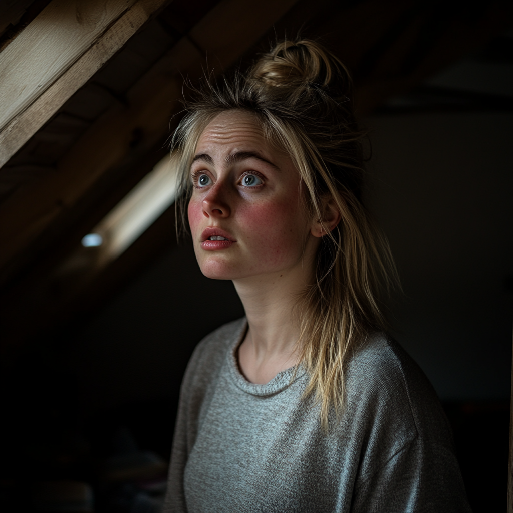 A woman looks concerned and worried while standing in an attic | Source: Midjourney