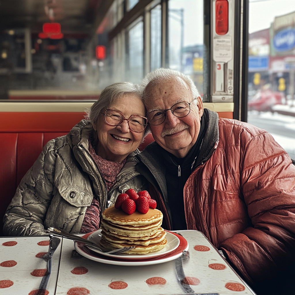 An elderly couple sitting in a booth at a diner | Source: Midjourney