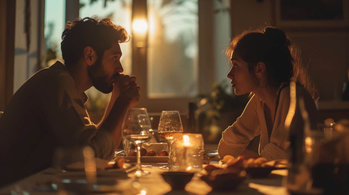 A couple sitting at the dinner table | Source: Midjourney