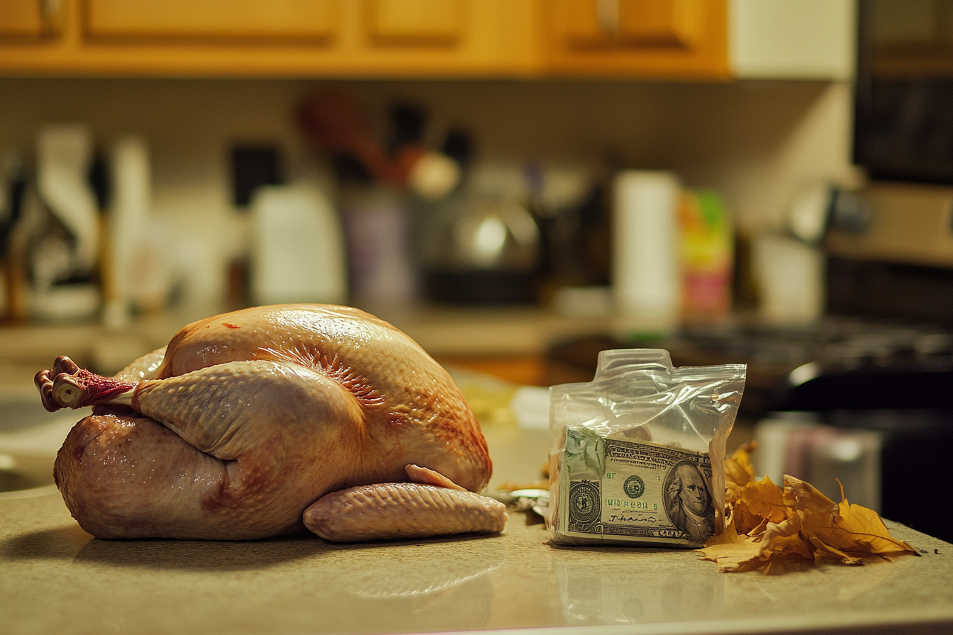 A raw turkey next to a bag of cash | Source: Midjourney