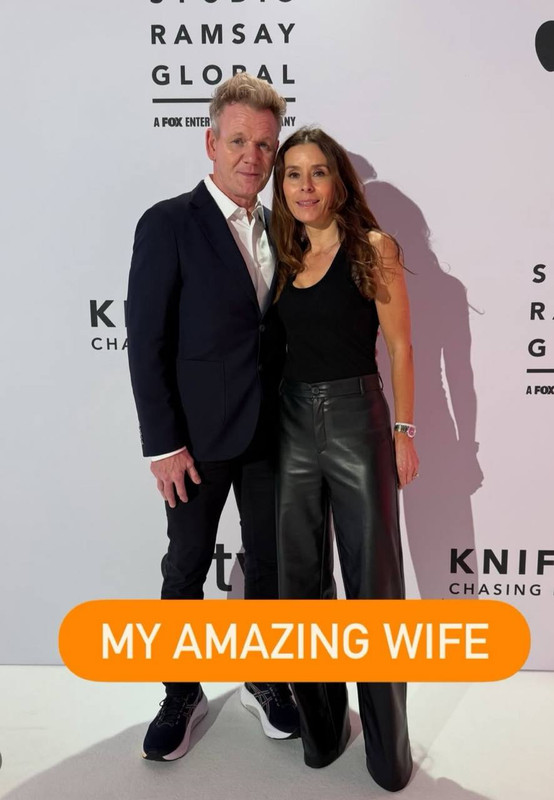 Next came a red-carpet snap of Gordon Ramsay with his wife, Tana Ramsay, under the label "MY AMAZING WIFE." The couple stood arm in arm at a Studio Ramsay Global event, dressed in coordinated black outfits. He wore a tailored suit and trainers, while she paired leather trousers with a sleek black tank, both smiling confidently in front of the media wall. | Source: Instagram/gordongram