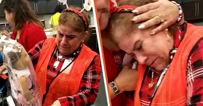 Woman gets an American Girl doll for Christmas [left] Woman is consoled as she cries because of her gift [right] | Photo: tiktok.com/lilianmejia06