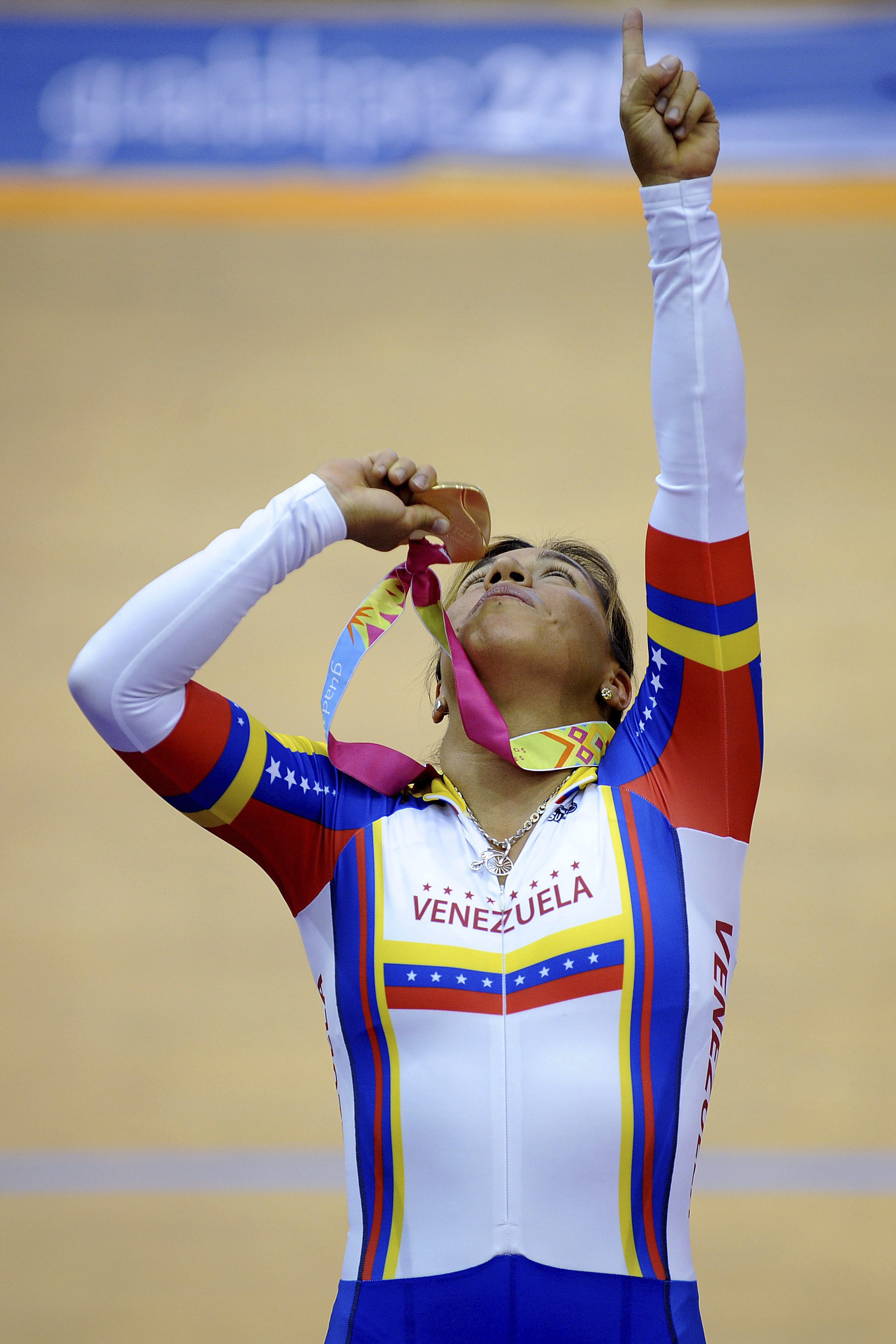 Daniela Larreal of Venezuela winning the gold medal poses on the podium after the women's final at the Pan American Games Pan American in the Velodrome on October 20, 2011 in Guadalajara, Mexico Keirin | Source: Getty Images