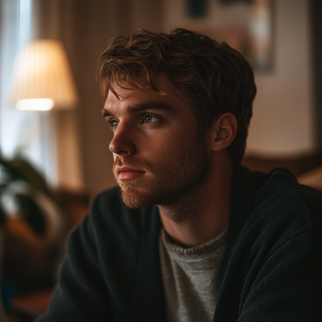 A thoughtful man sitting in the living room | Source: Midjourney