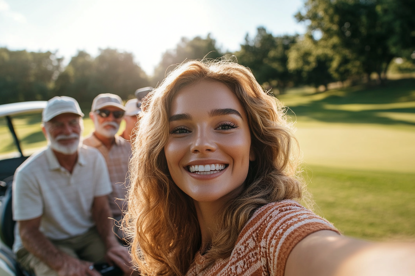 A woman taking selfies on a golf course | Source: Midjourney