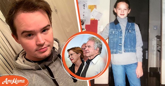 Stephen Beatty posing for an image on February 4, 2020, and him as a child in a picture shared on May 8, 2020. An insert of Stephen's parents Anette Bening and Warren Beatty during a reception on June 4, 2018, in Beverly Hills, California | Photos: Instagram/supermattachine & Kevork Djansezian/Getty Images