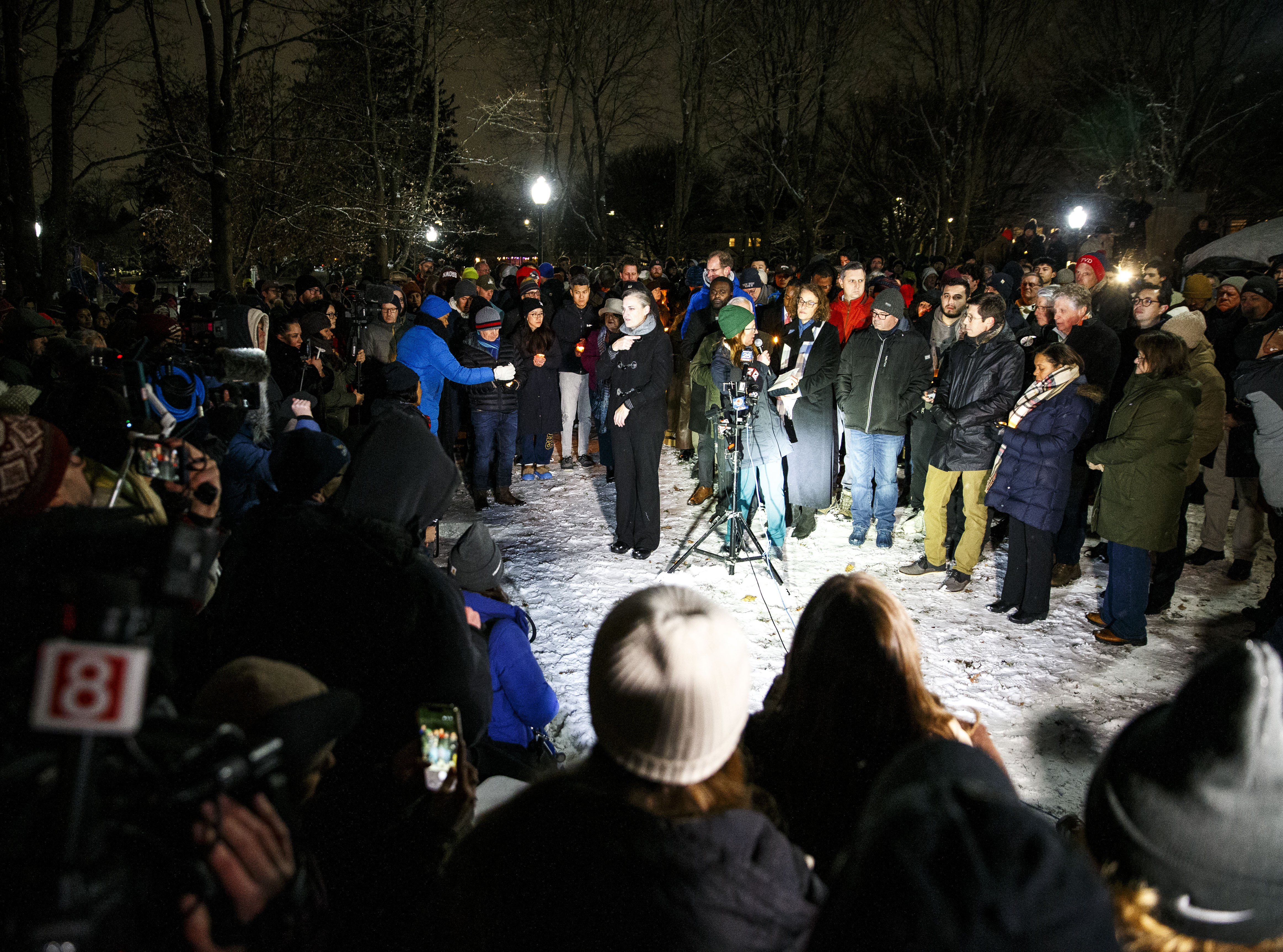 Vigil-goers meet in Lippitt Memorial Park to mourn as a community following a mass shooting at Brown University that left 2 dead and 9 injured on December 14, 2025 | Source: Getty Images