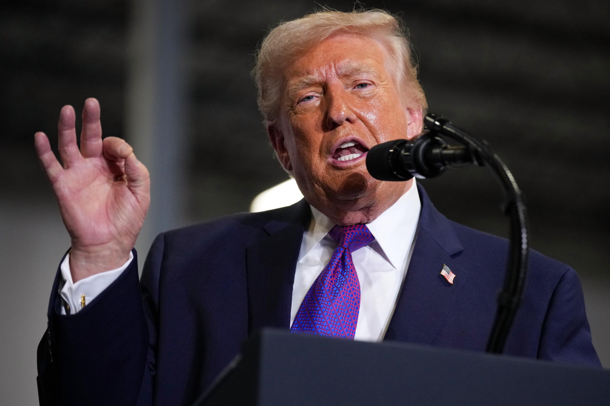 Donald Trump speaks on stage at Verst Logistics on March 11, 2026 in Hebron, Kentucky | Source: Getty Images