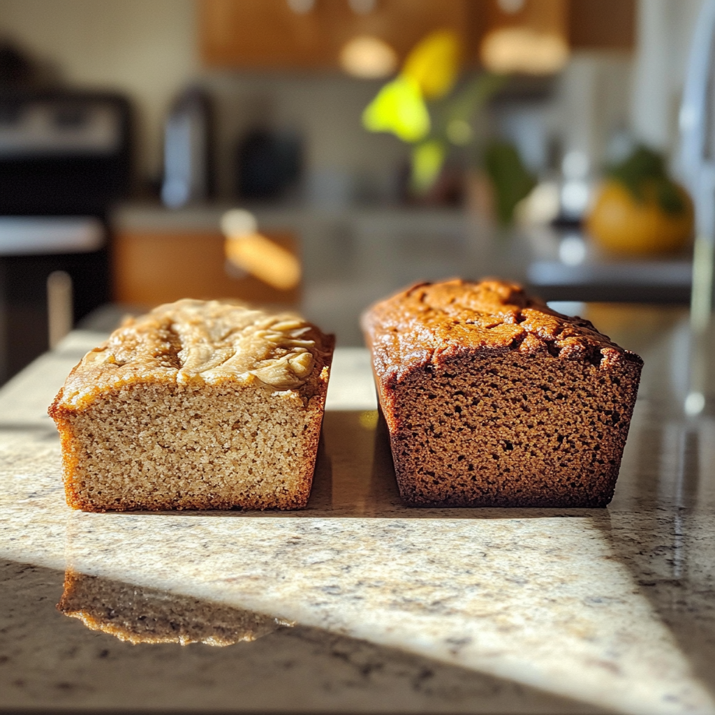 A loaf of banana bread and a loaf of pumpkin bread on a counter | Source: Midjourney