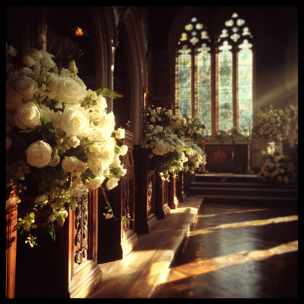 White roses on church pews | Source: Midjourney