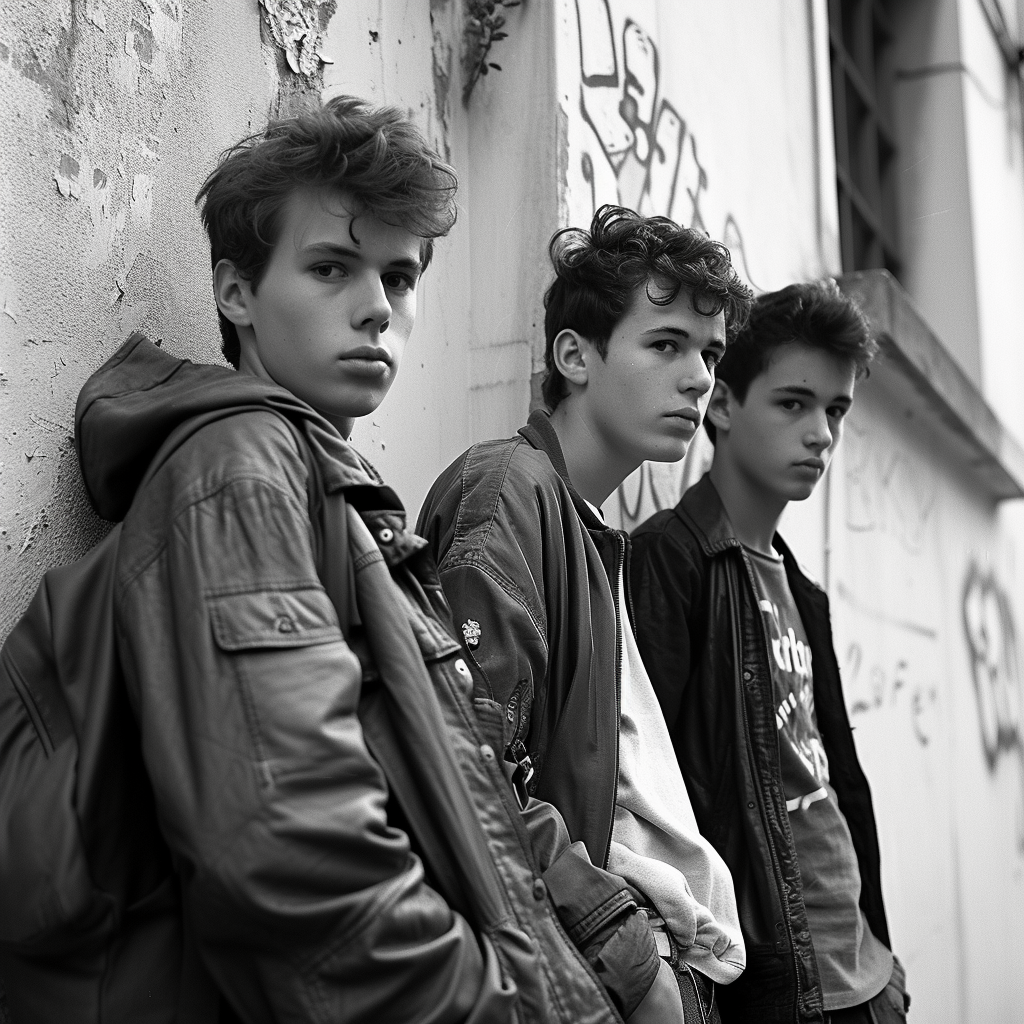 Teenage boys standing against a wall | Source: Midjourney