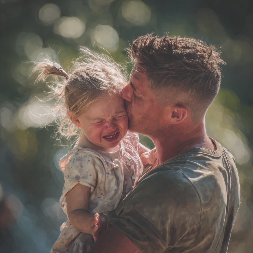 A dad holding his crying daughter in a park | Source: Midjourney