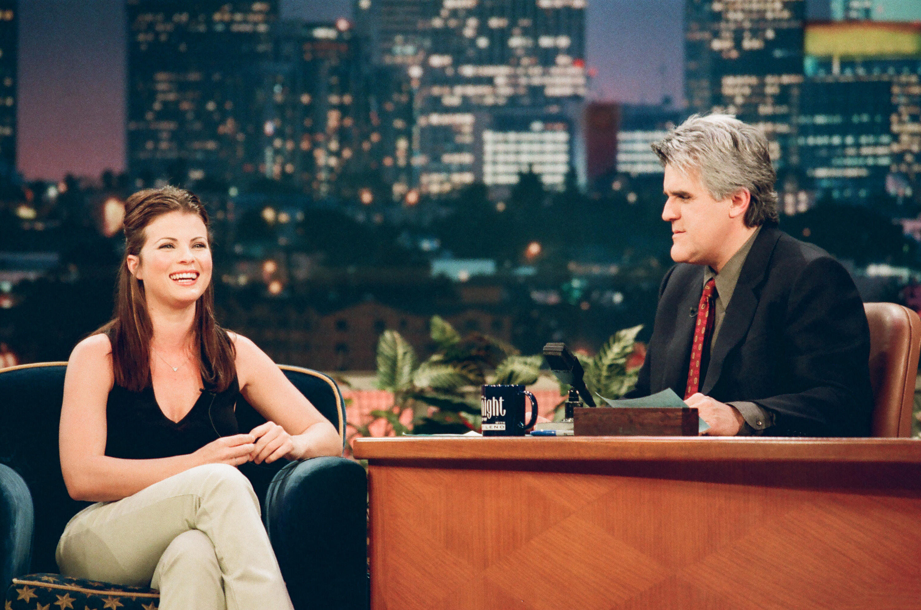Yasmine Bleeth during an interview with TV host Jay Leno on May 1, 1998 | Source: Getty Images