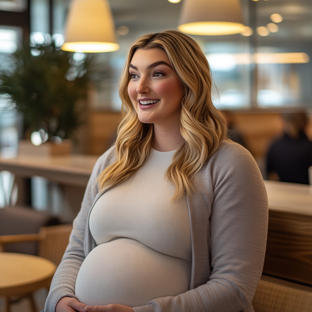 A pregnant woman smiles while sitting in a small café and talking to someone | Source: Midjourney