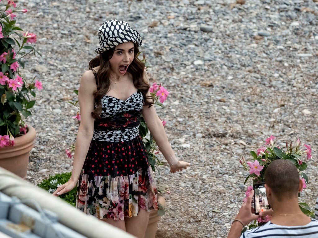 Actress Lily Collins is seen filming on set of series two of "Emily in Paris" on May 4, 2021 | Source: Getty Images