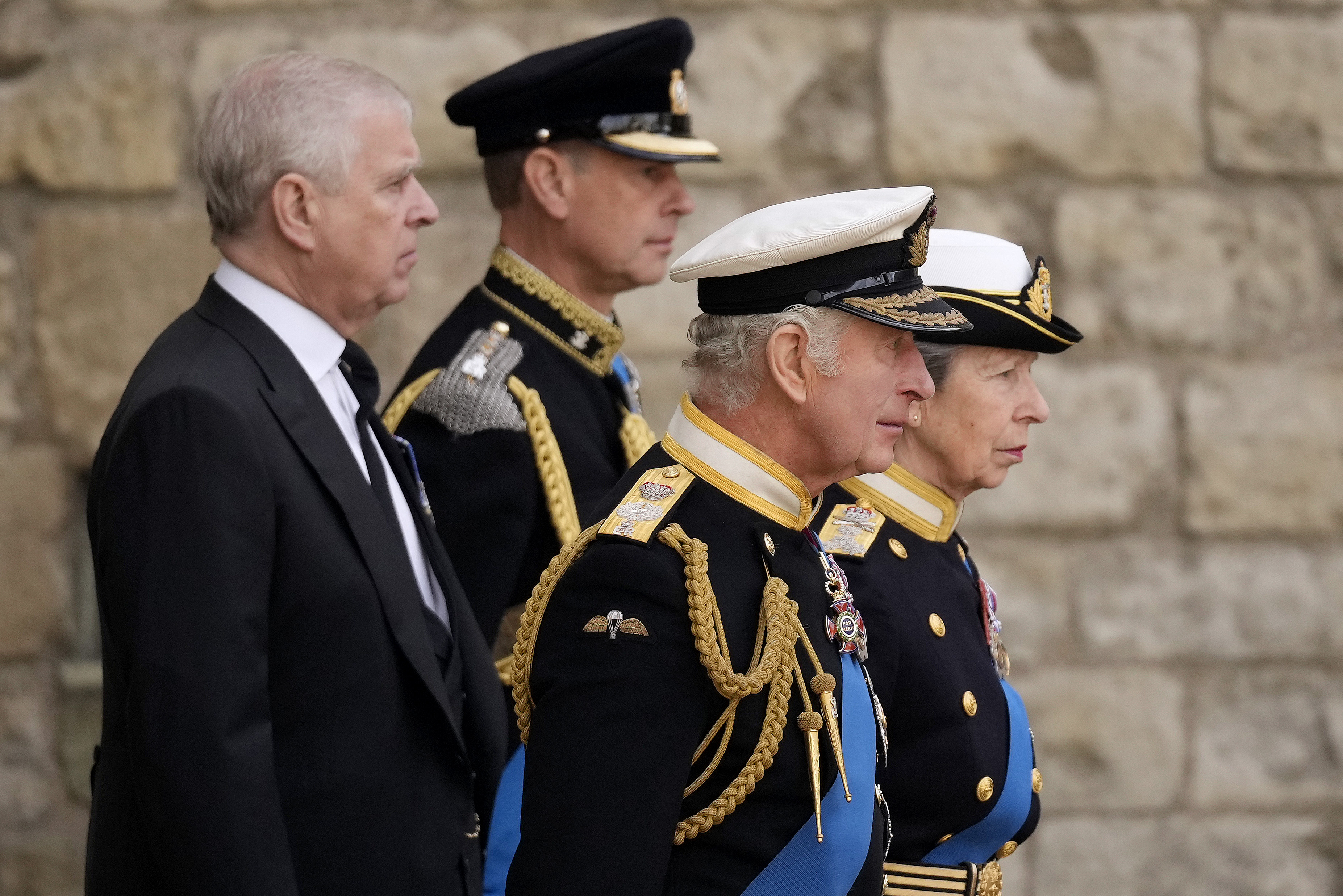 Andrew Mountbatten-Windsor, Prince Edward, Earl of Wessex, King Charles III, and Anne, Princess Royal walking behind the Queen's funeral cortege borne on the State Gun Carriage of the Royal Navy as it departed Westminster Abbey on September 19, 2022, in London, England. | Source: Getty Images