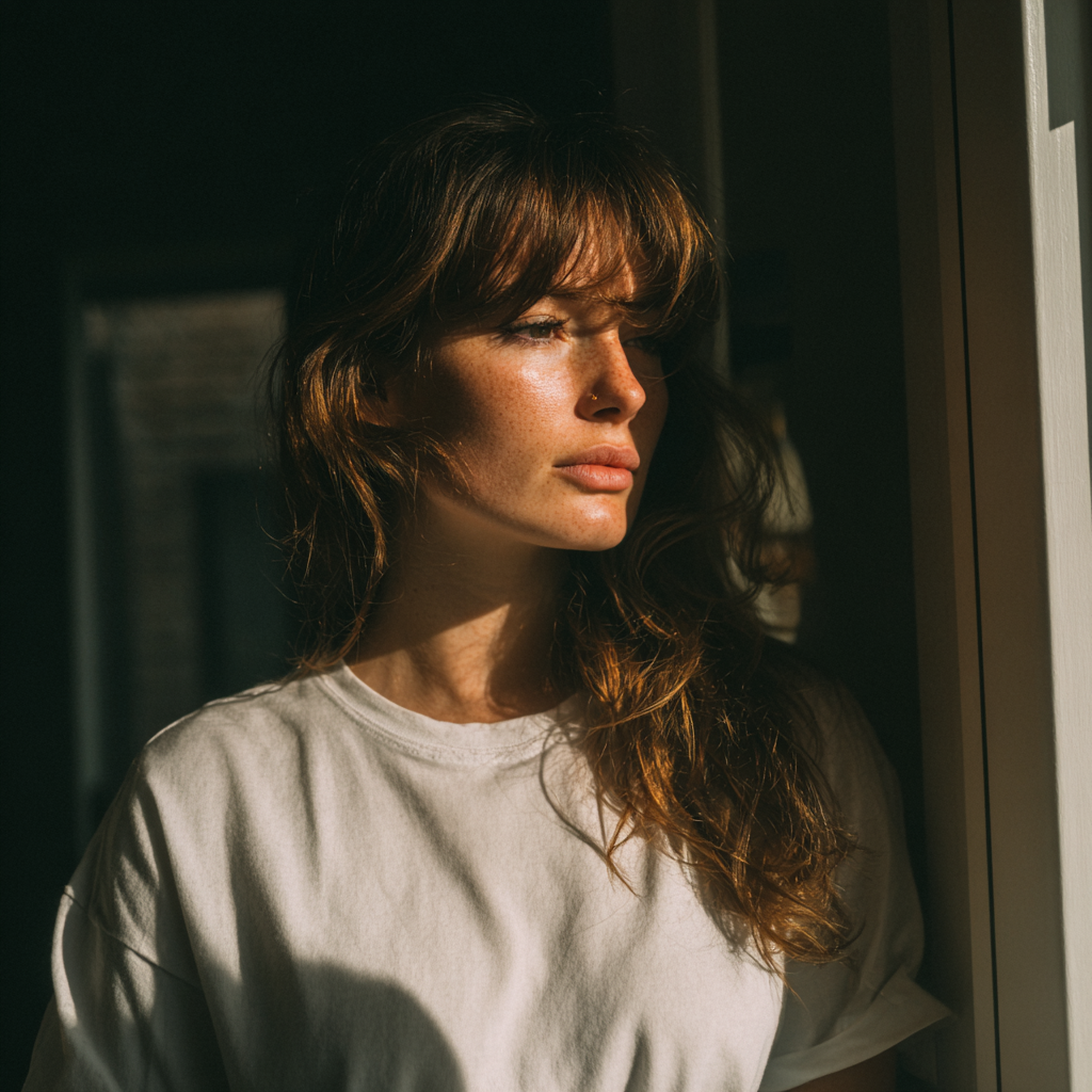 A pensive woman standing on a porch | Source: Midjourney