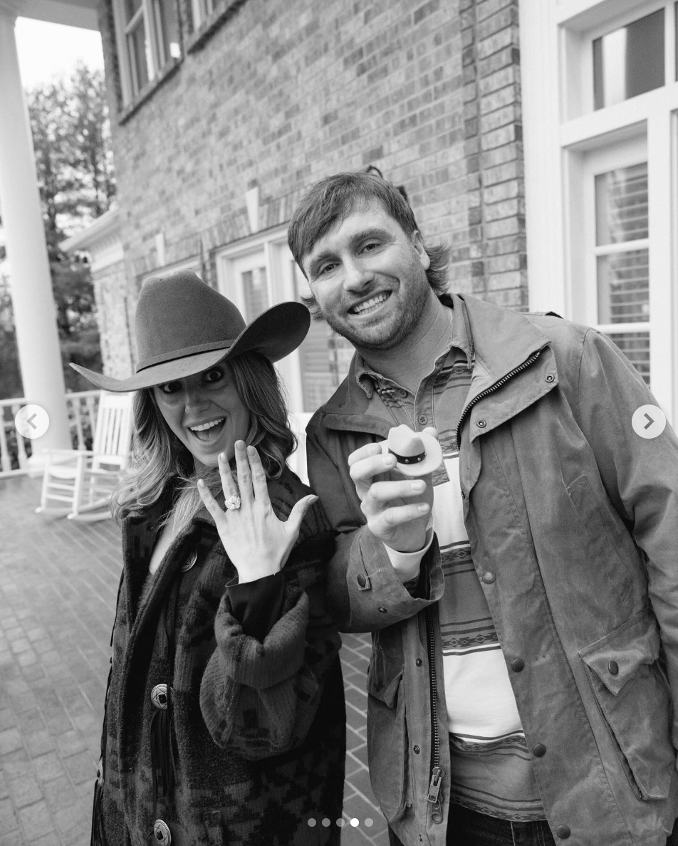 Lainey Wilson flaunts her engagement ring while Devlin Hodges holds a small cowboy hat in a photo dated February 12, 2025 | Source: Source: Instagram/laineywilson | Instagram/devlinhodges