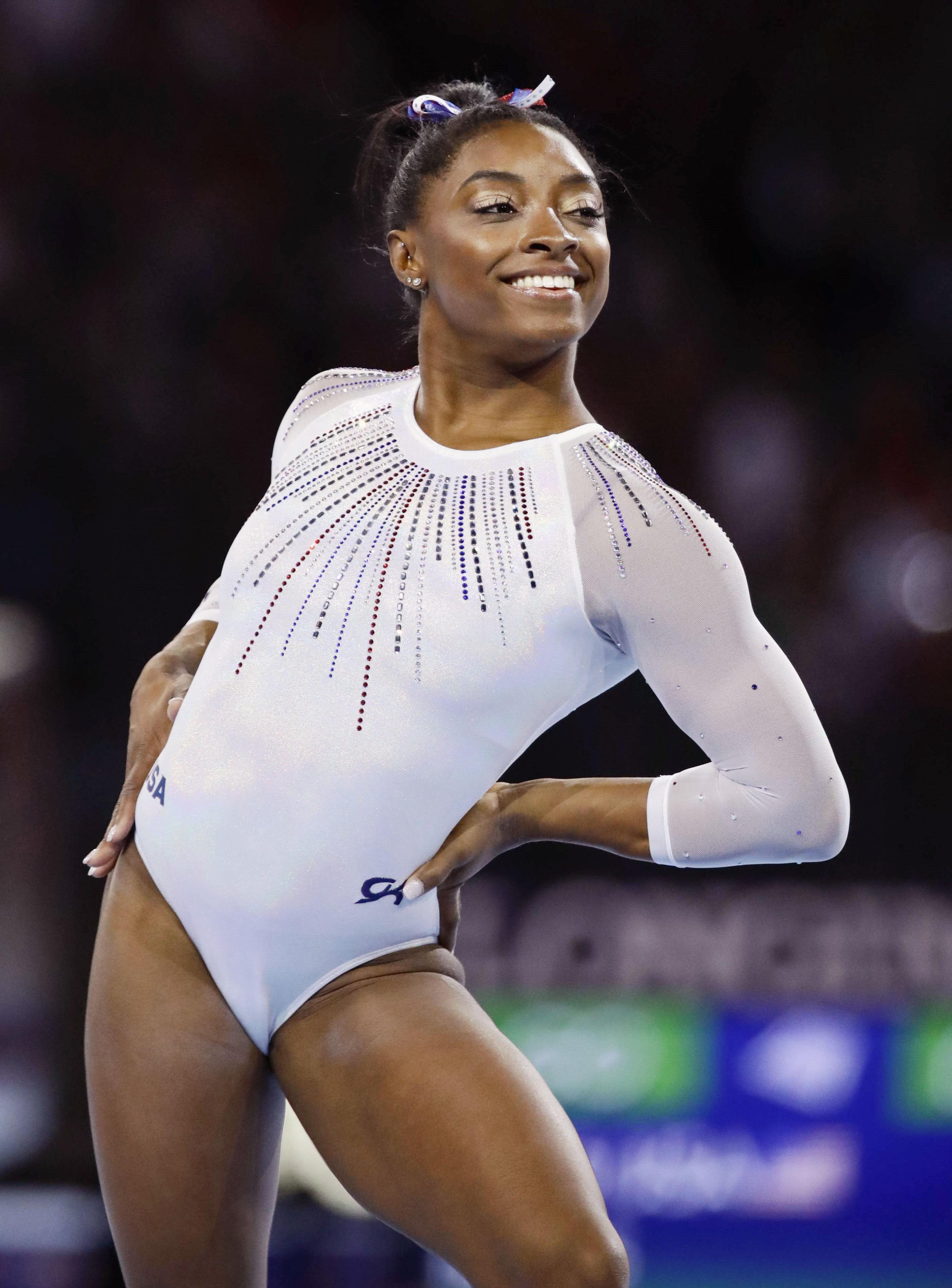 Simone Biles performing her floor routine during the women's individual all-around final at the world gymnastics championships in Stuttgart, Germany, on October 10, 2019 | Source: Getty Images