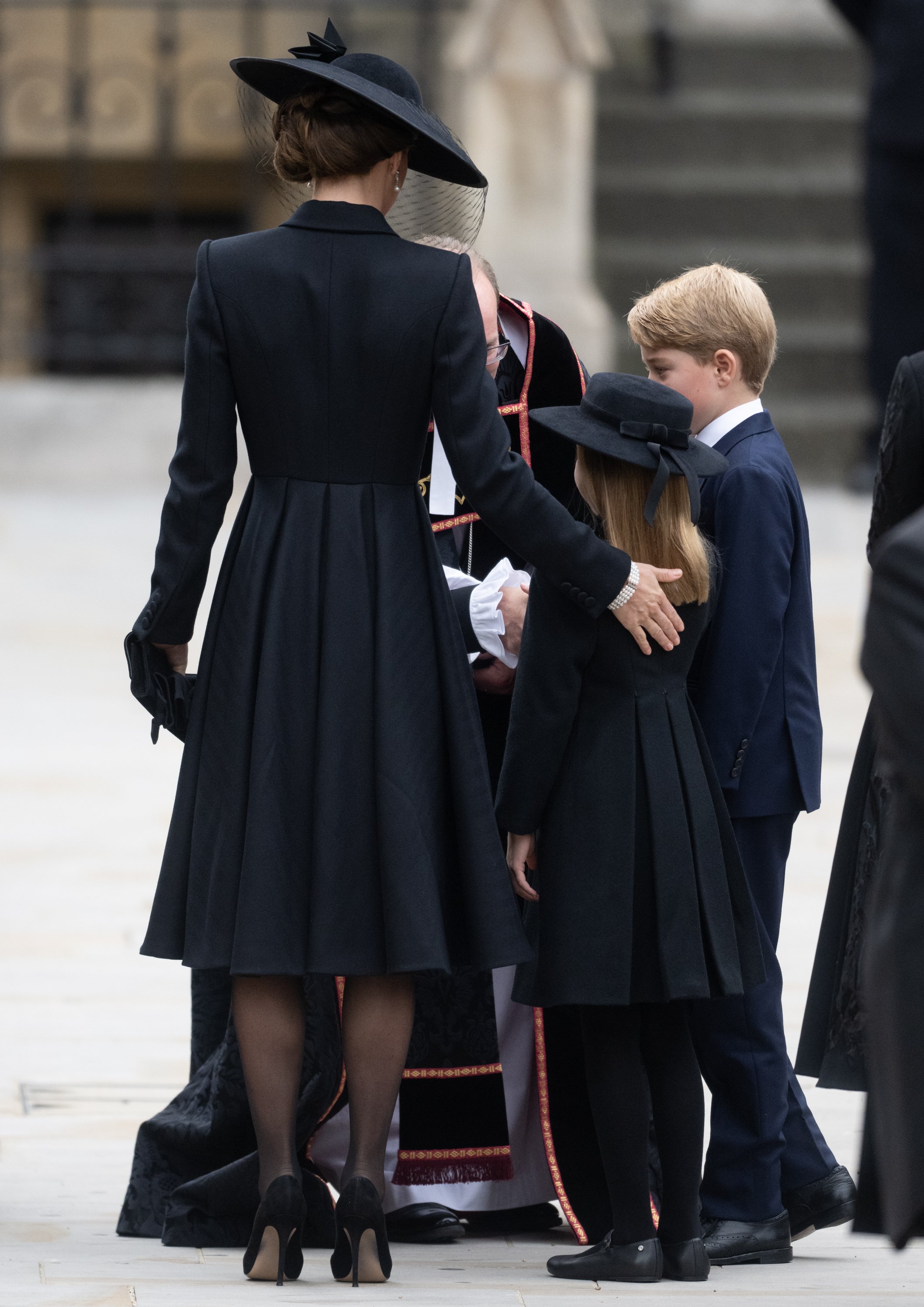 Catherine, Princess of Wales, Prince George and Princess Charlotte during the State Funeral of Queen Elizabeth II at Westminster Abbey on September 19, 2022 in London, England. | Source: Getty Images