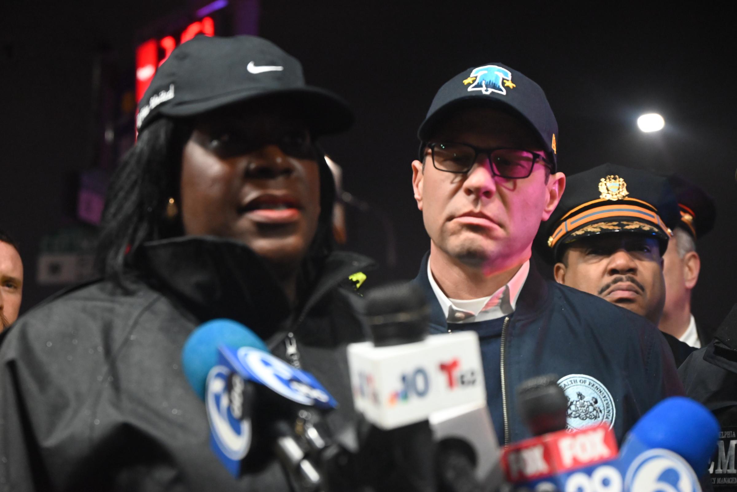 Mayor Cherelle L. Parker at the plane crash site with Pennsylvania Governor Josh Shapiro and law enforcement officials in Philadephia, Pennsylvania on January 31, 2025. | Source: Getty Images