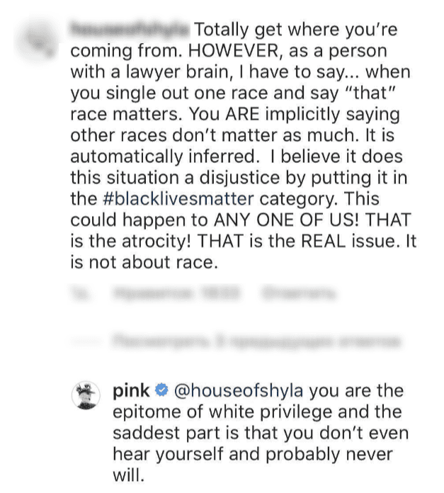 Pink responds to fan who criticized her outlook on the Black Lives Matter movement and All Lives Matter on May 29, 2020 | Photo: Instagram/pink