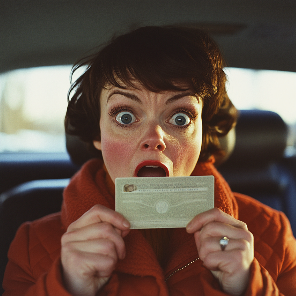 A shocked woman holding a fake ID | Source: Midjourney