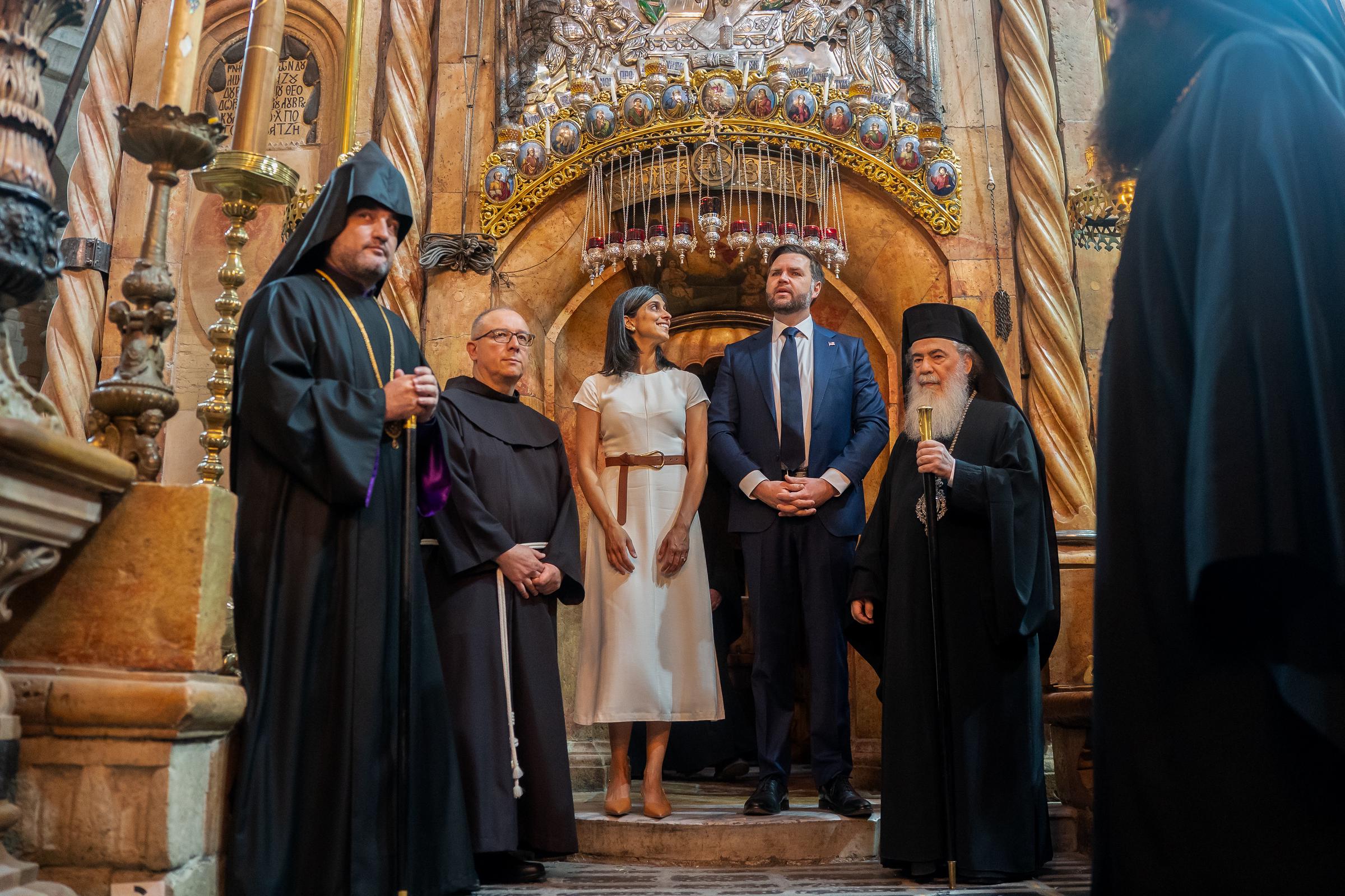 J.D. Vance and his wife Usha tour The Church of the Holy Sepulchre in the Old City of Jerusalem in Israel on October 23, 2025. | Source: Getty Images