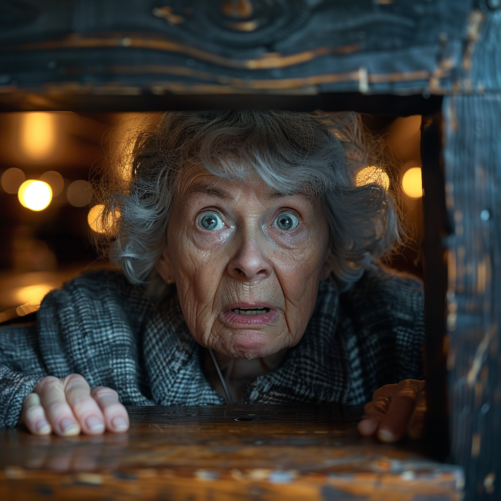 Scared elderly lady hiding under a table | Source: Midjourney