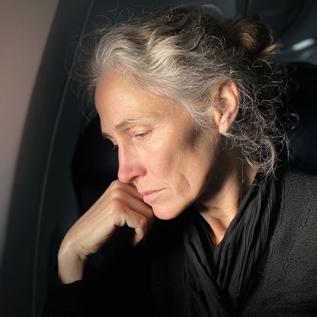 A pensive woman sitting in an airplane | Source: Midjourney