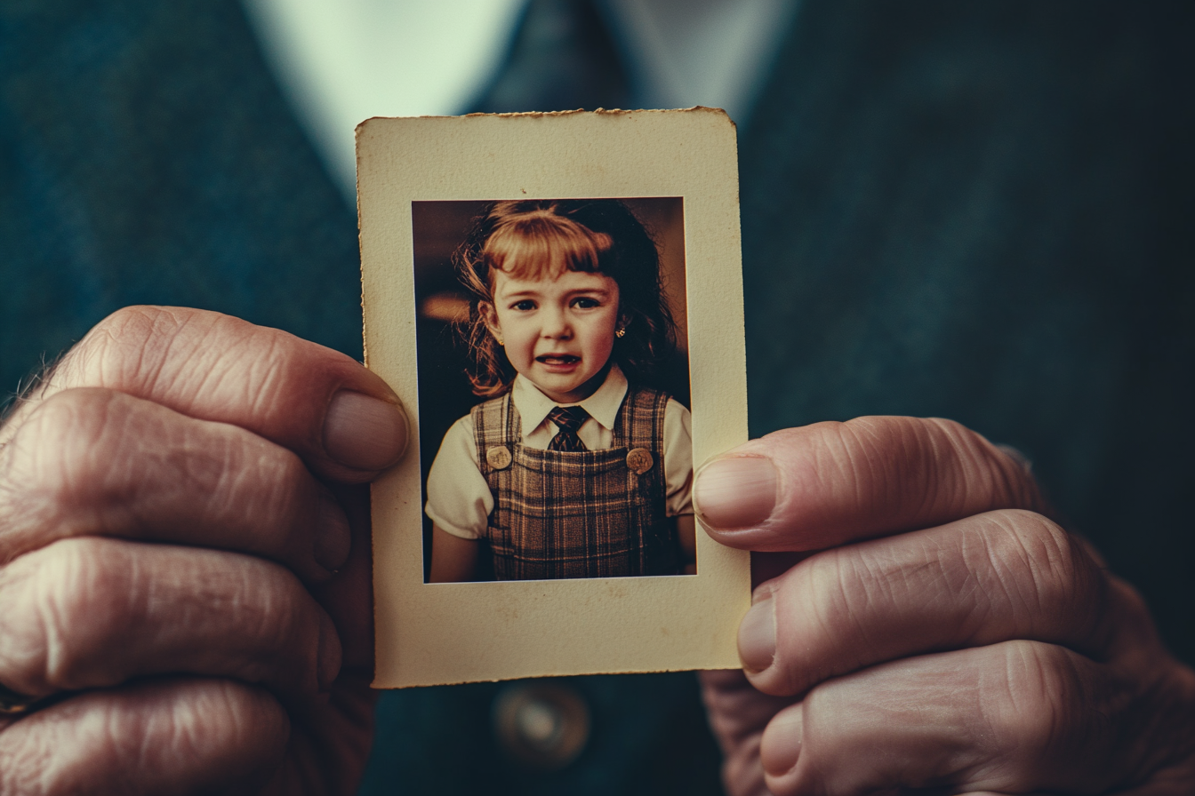 An older man holding a vintage photo of a crying little girl in school uniform | Source: Midjourney