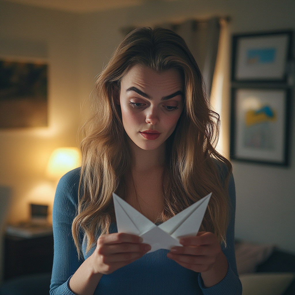 A curious woman looking at a paper plane in her hands | Source: Midjourney