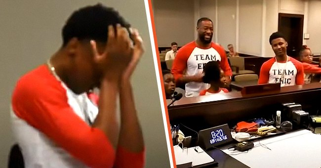 A boy is emotional as his adoption is made official [left] A youngster and his adoptive family in court [right] | Photo: youtube.com/Wfaa8