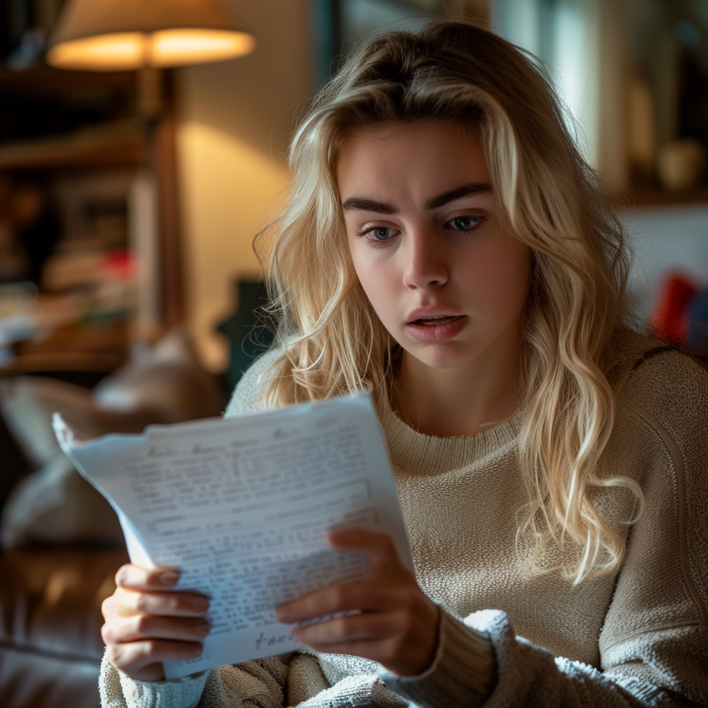 A stunned woman reading a letter | Source: Midjourney