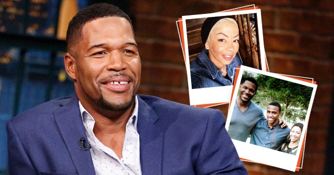 (L) Michael Strahan during an interview on "Late Night with Seth Meyers," Season 5 on October 2, 2017. (M) Michael Strahan's ex-wife Wanda Hutchins. (R) Michael Strahan with son Michael Jr., and his mother Wanda Hutchins. Photo: Getty Images and Instagram/@wandafulhomesdesigns
