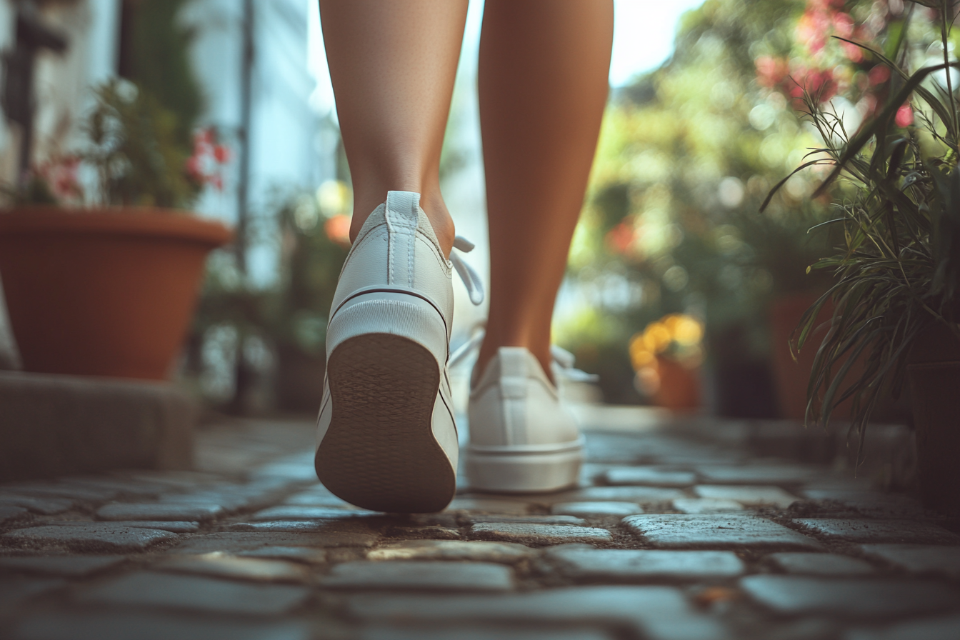 A close-up shot of a woman's shoes while walking | Source: Midjourney