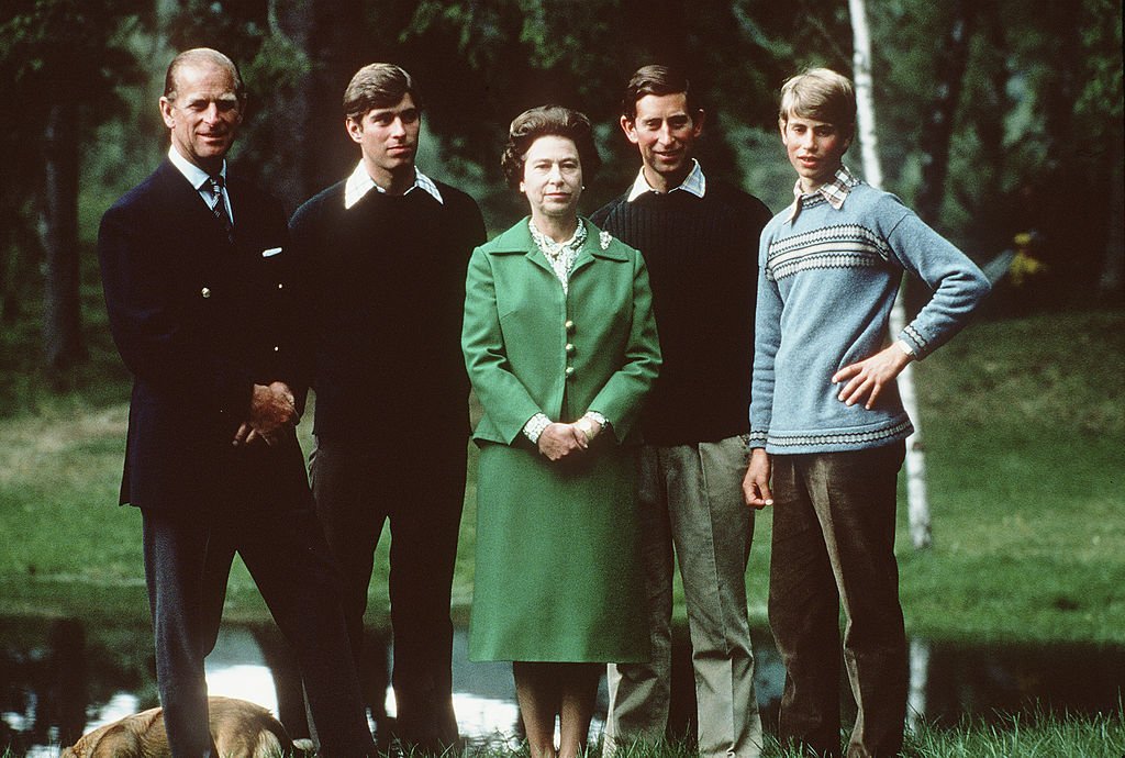 Queen Elizabeth II with her husband Prince Phillip the Duke of Edinburgh, and her three sons, the Prince Andrew the Duke of York, Prince Charles the Prince of Wales and Prince Edward the Earl of Wessex on holiday in Balmoral, Scotland in 1975. | Source: Getty Images.