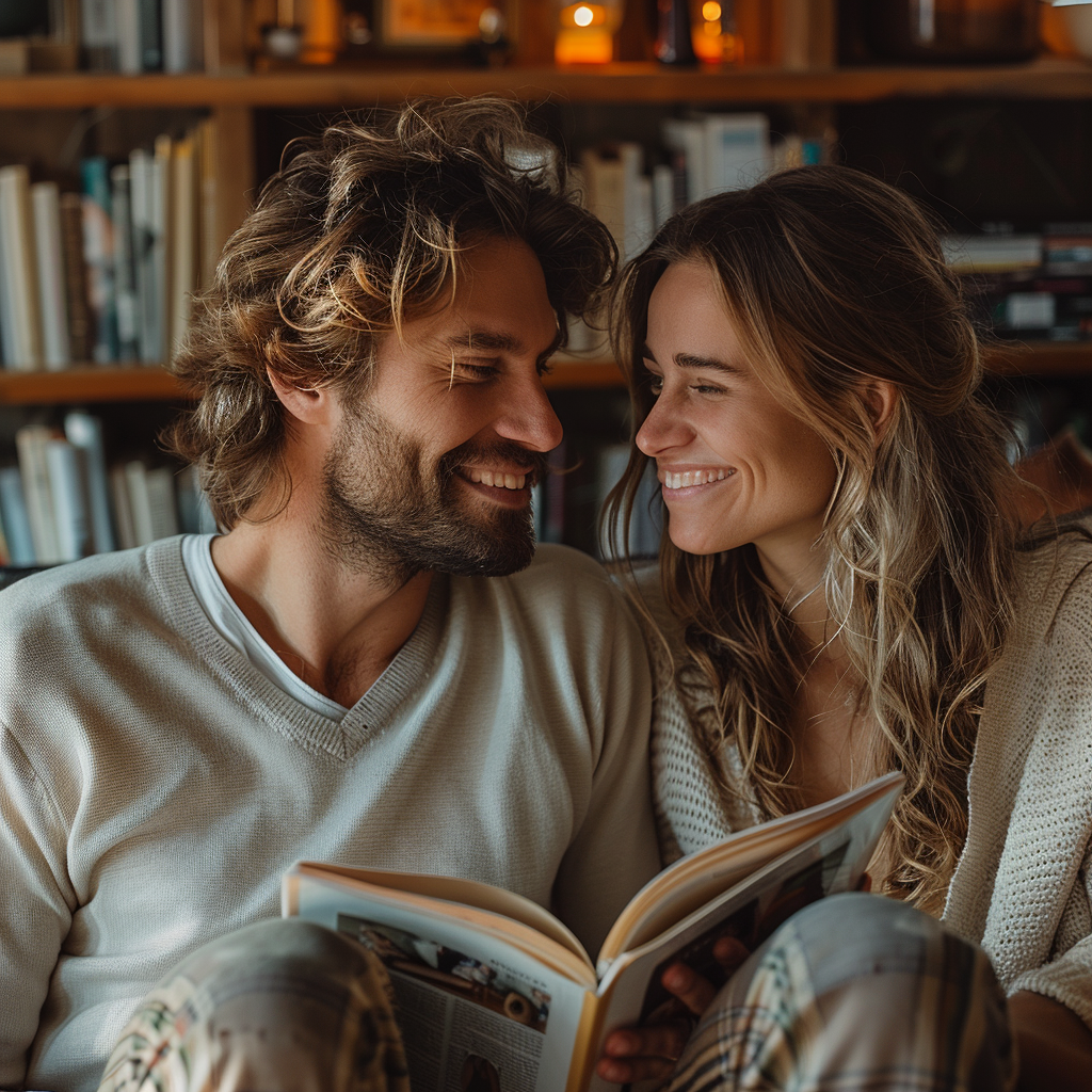 Couple laughing over a book | Source: Midjourney