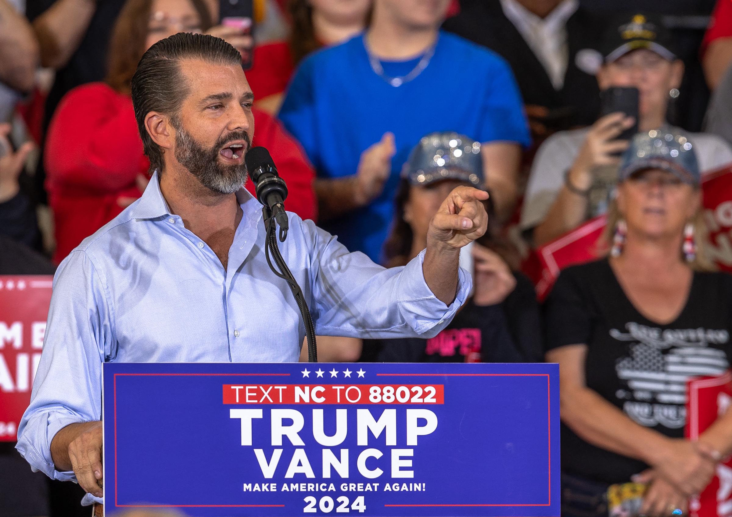 Donald Trump Jr. speaking during a campaign rally in Sanford, North Carolina on November 3, 2024. | Source: Getty Images