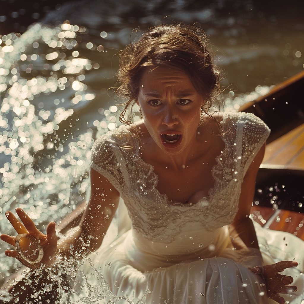 An upset woman throwing her wedding ring overboard | Source: Midjourney