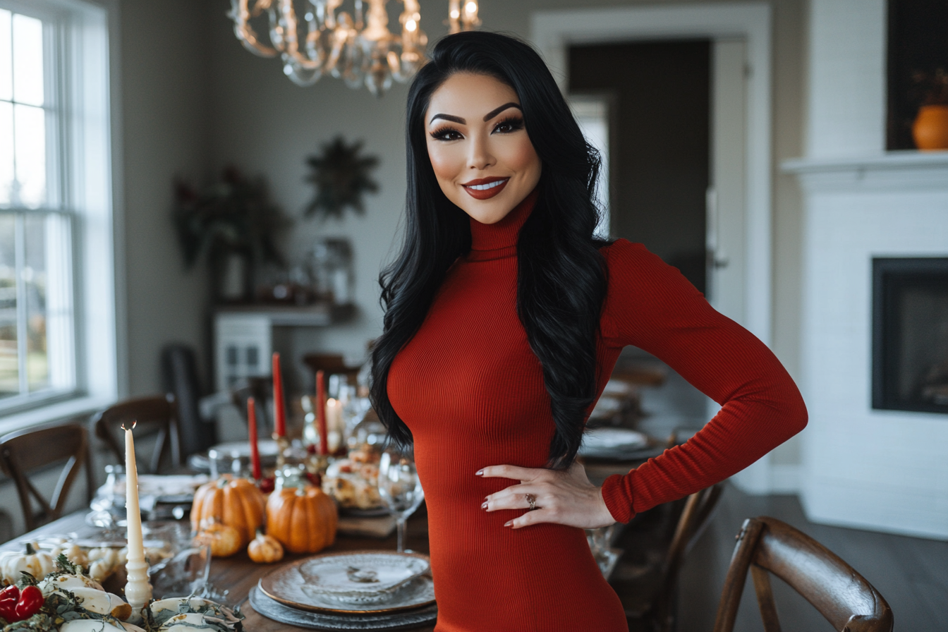 A woman standing at a dining table | Source: Midjourney