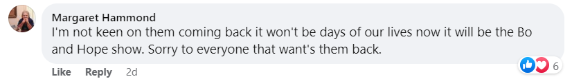 A fan's comment on a "Days of our Lives" post announcing Kristian Alfonso and Peter Reckell's return to the show on February 28, 2023 | Source: Facebook/Days of our Lives