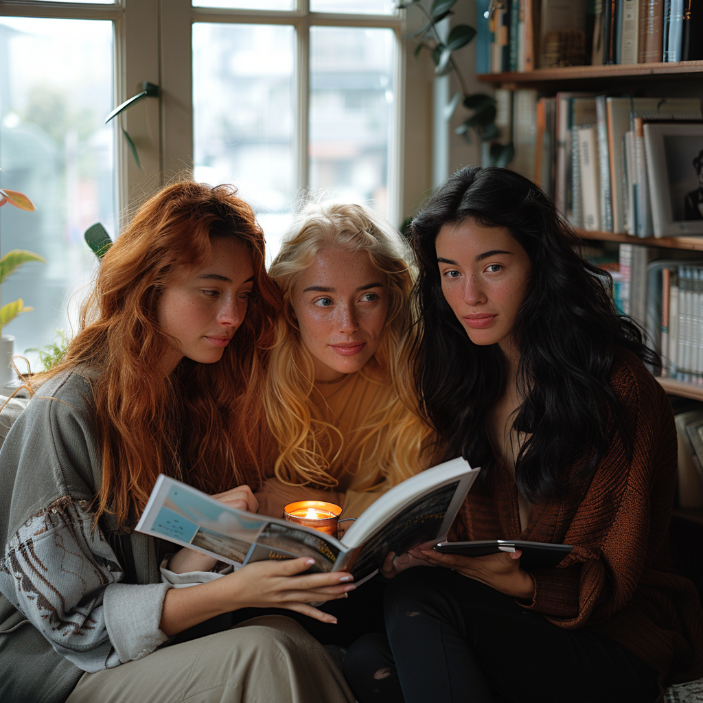 Robin, Meredith, and Amelia looking at the photo album | Source: Midjourney