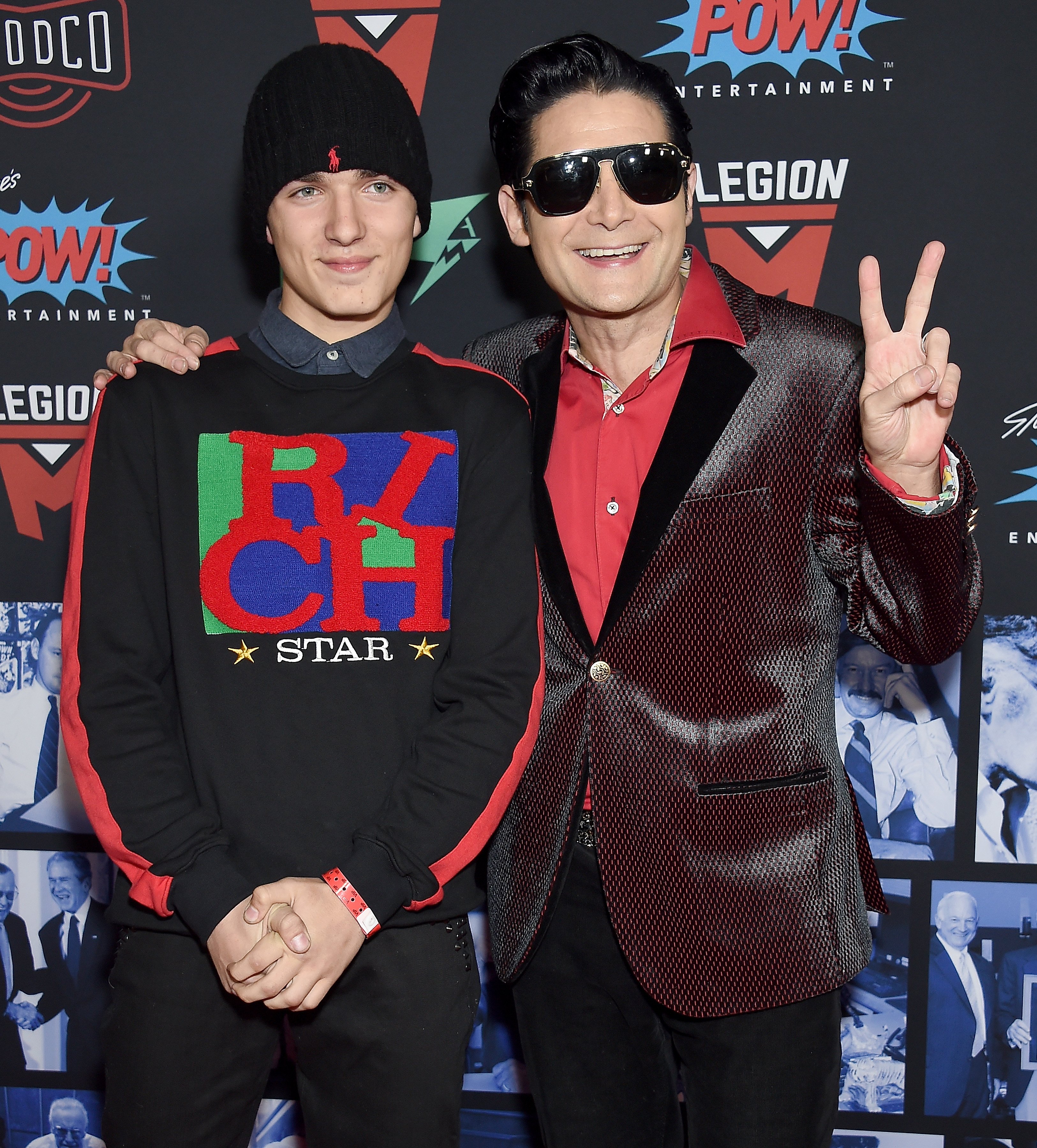 Corey Feldman and his son, Zen Scott Feldman, pose as they arrive at Excelsior! A Celebration Of The Amazing, Fantastic, Incredible And Uncanny Life Of Stan Lee at TCL Chinese Theatre on January 30, 2019, in Hollywood, California | Source: Getty Images