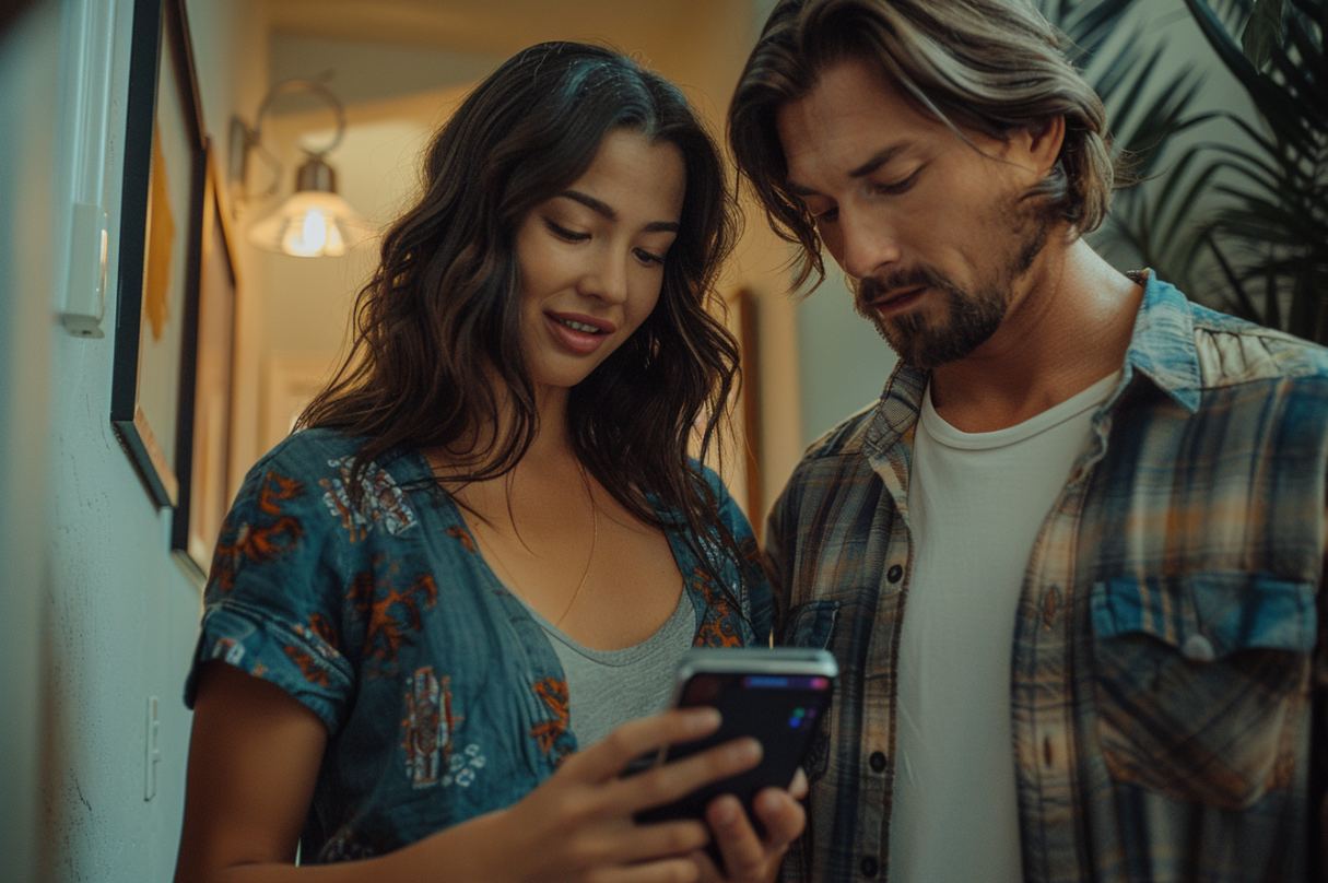 A woman showing a man her phone screen | Source: Midjourney